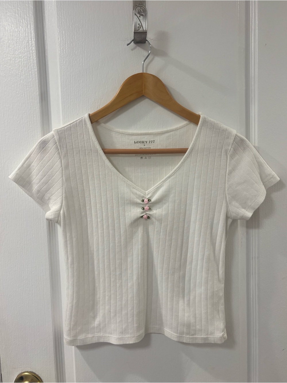 Coquette Pointelle Rose Detail Cropped Cotton White V-Neck Baby Tee Girly Fairy